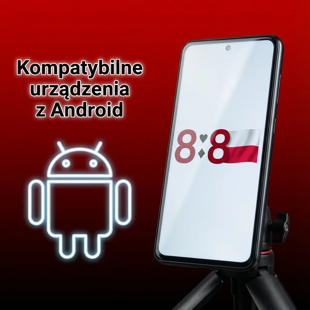Grafika z ikoną Android obok różnych smartfonów popularnych marek, symbolizująca kompatybilność aplikacji