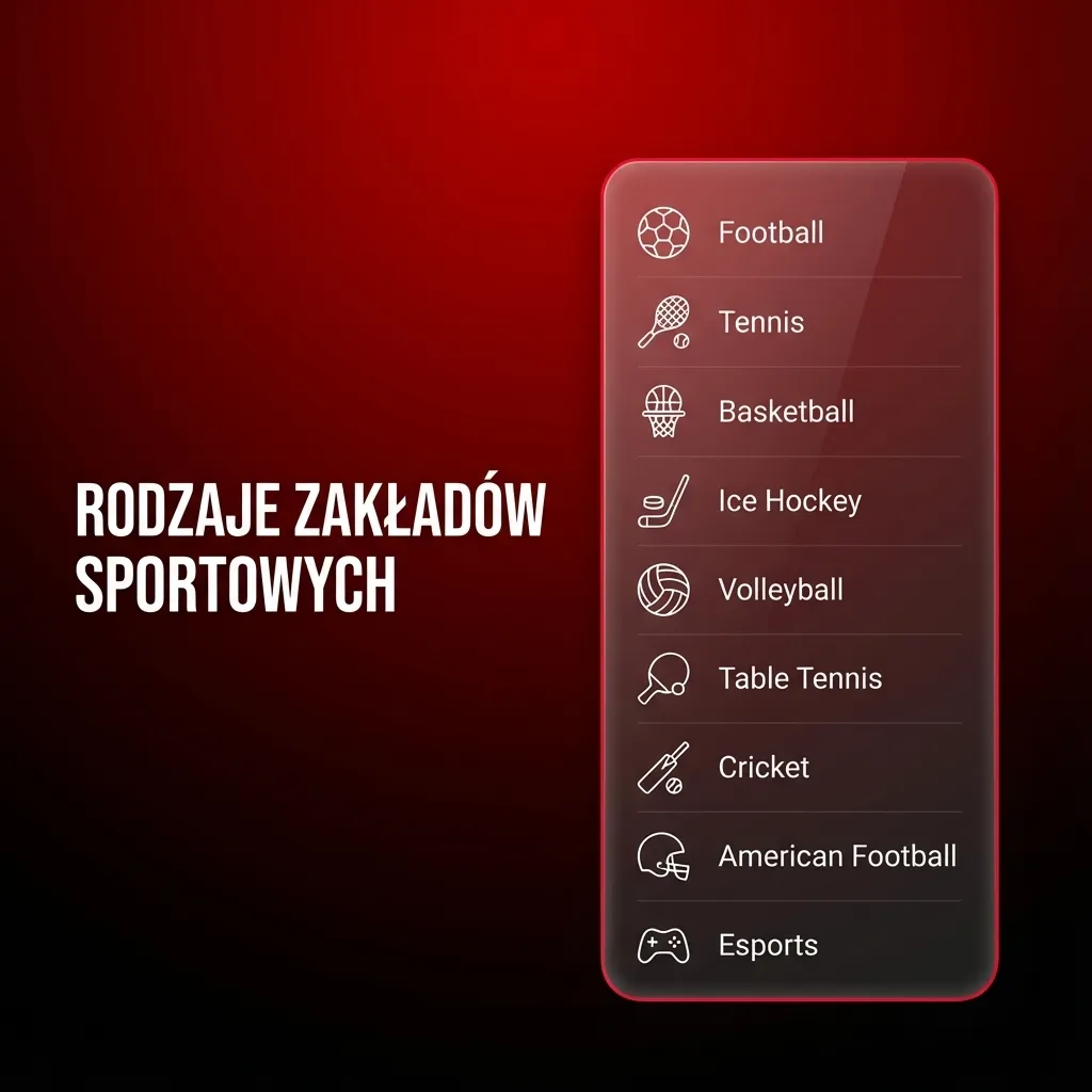Grafika promująca rodzaje zakładów sportowych 888starz z ikonami piłki nożnej, siatkówki, koszykówki, tenisa i hokeja