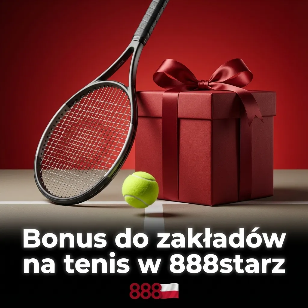 Grafika promująca bonus powitalny na zakłady tenisowe w 888starz z piłką i kortem tenisowym