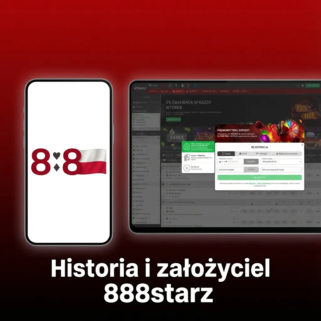 Ilustracja historii 888starz: założone w 2019, połączenie zakładów sportowych i kasyna, anonimowy założyciel, rozwój online