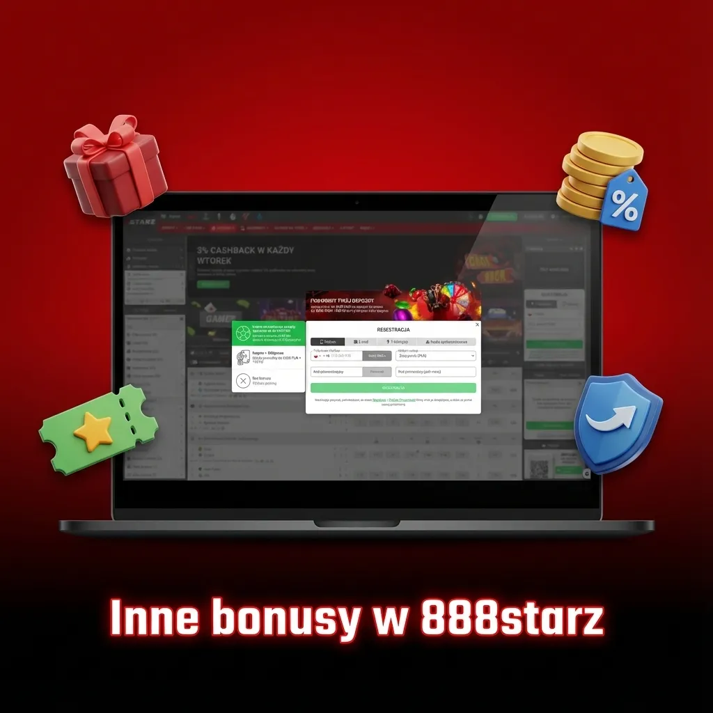 Grafika promocyjna 888starz prezentująca różne bonusy: reload, cashback, promocje sezonowe i program lojalnościowy