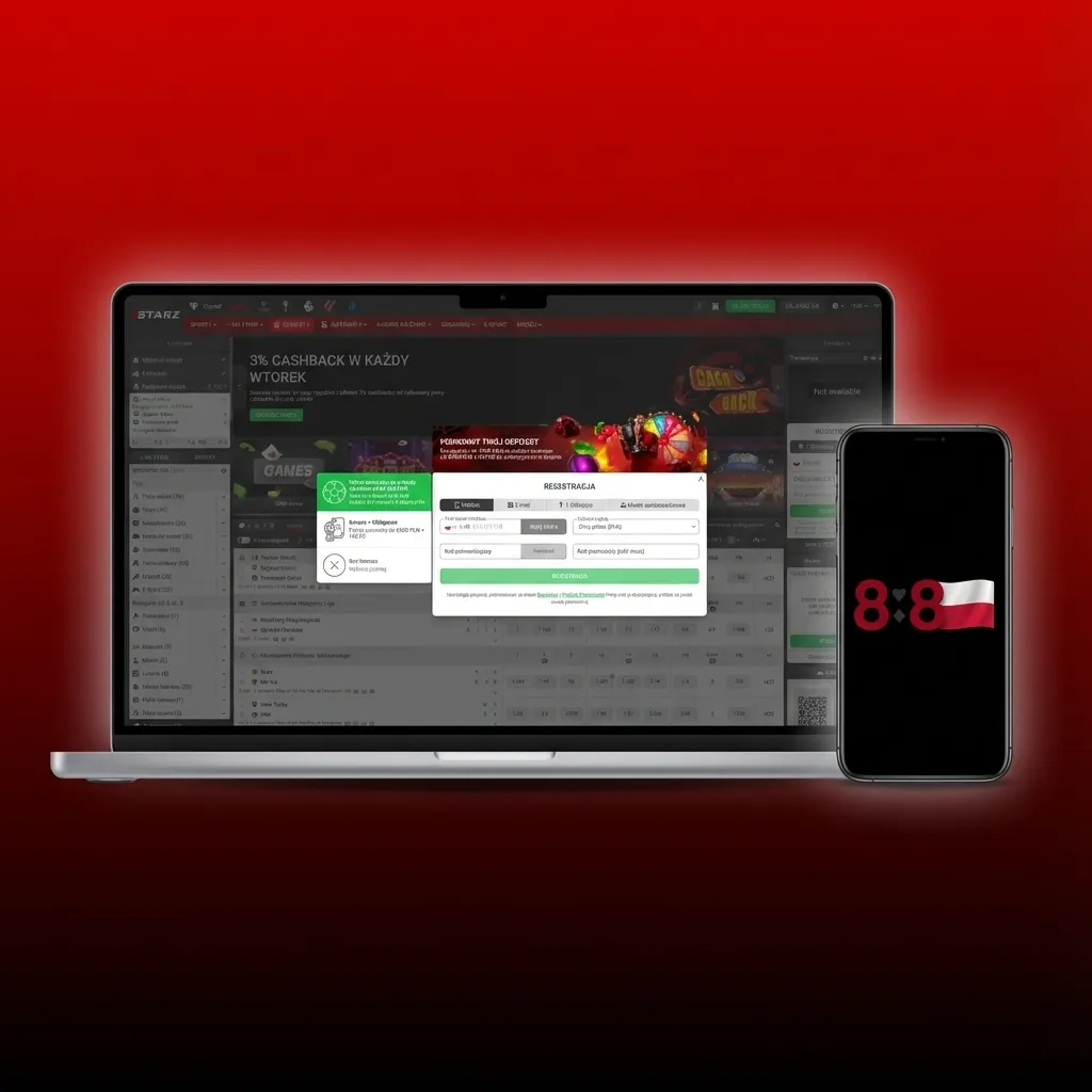 Zrzut ekranu interfejsu 888starz z menu zakładów sportowych, kasyna, promocji i panelem konta gracza po polsku