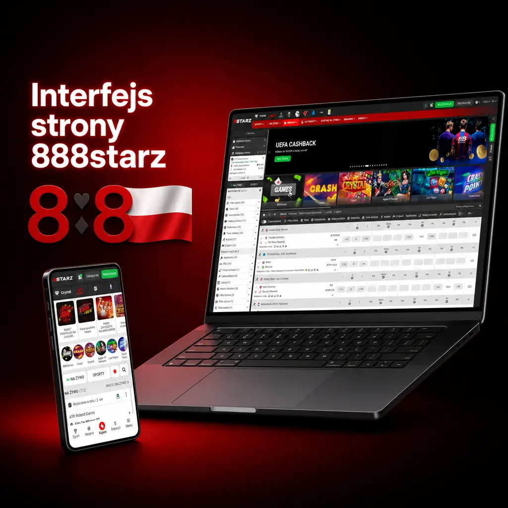 Interfejs strony 888starz z menu nawigacyjnym zakładów sportowych, kasyna i promocji dla graczy z Polski