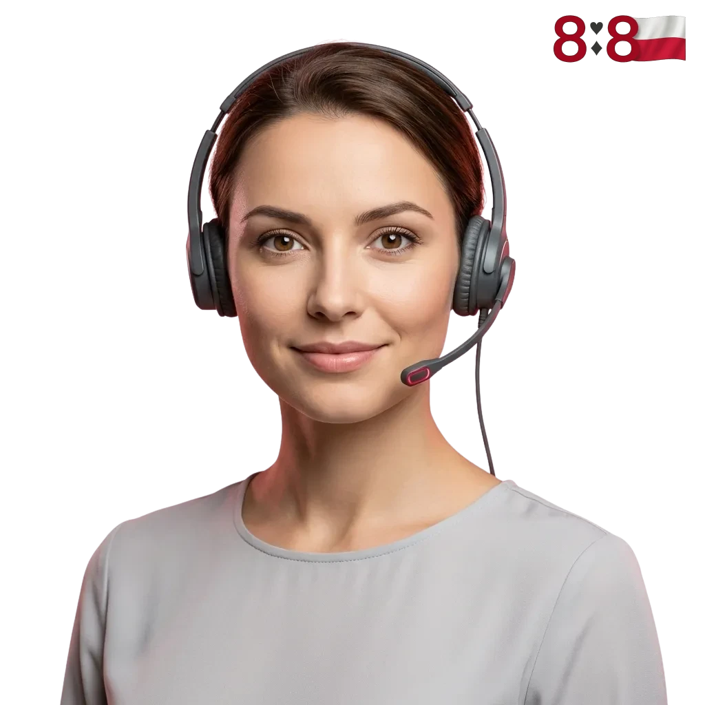 Infografika 888starz: ikony e‑mail, czatu, telefonu i social mediów z opisem szybkiego wsparcia po polsku i angielsku