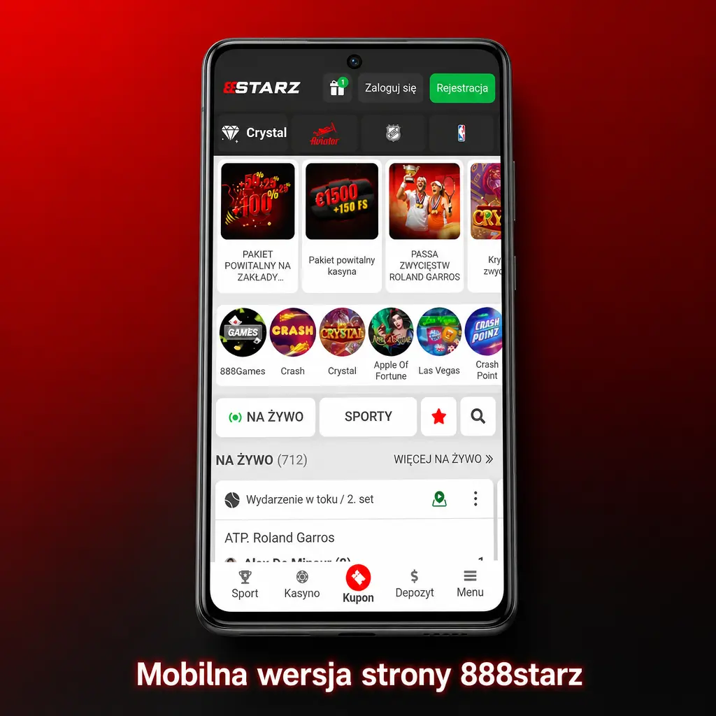 Mobilna wersja strony 888starz na smartfonie z dostępem do zakładów sportowych i kasyna