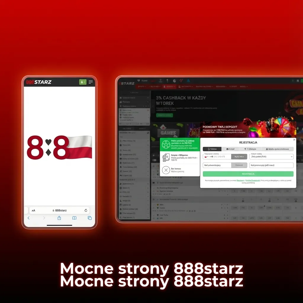 Grafika promująca mocne strony 888starz: zakłady sportowe, kasyno online, oferta dla polskich graczy na telefonie
