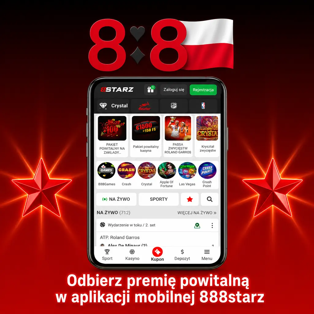 Rejestracja i odbiór premii powitalnej w aplikacji mobilnej 888starz na telefonie lub tablecie