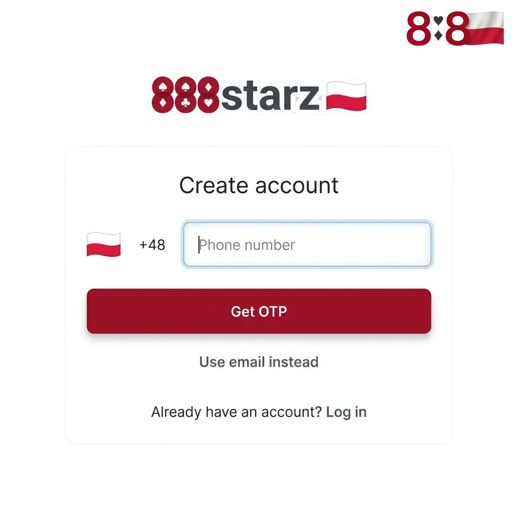 Ekran rejestracji i logowania 888starz z Polski, z polami formularza i informacją o bonusie powitalnym 100% do 550 PLN
